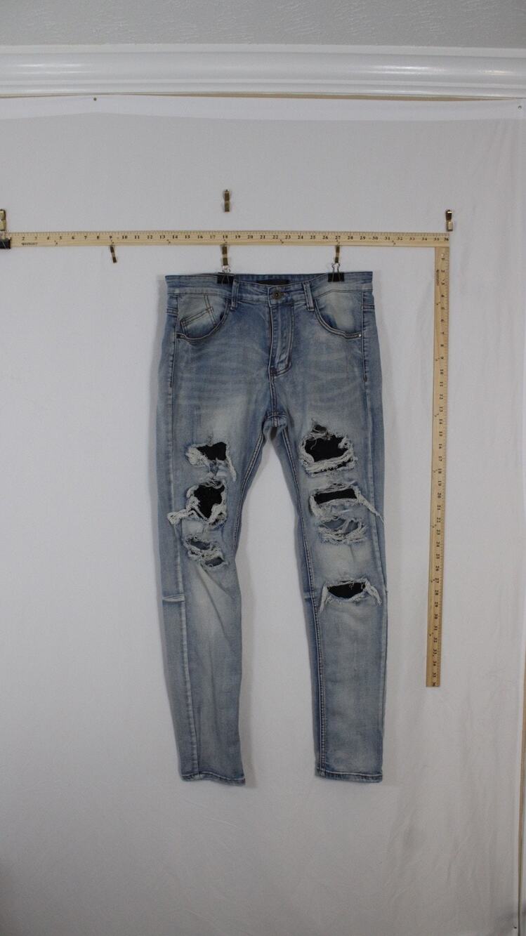 KDNK Men 32 Skinny Jeans Light Wash Distressed Ripped Stretch Denim Streetwear
